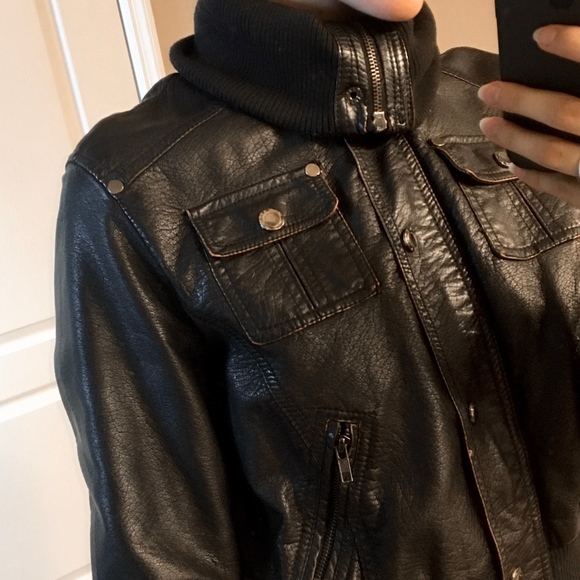 Faux Black Leather Jacket w/ Zippers/Pockets - Picture 1 of 8